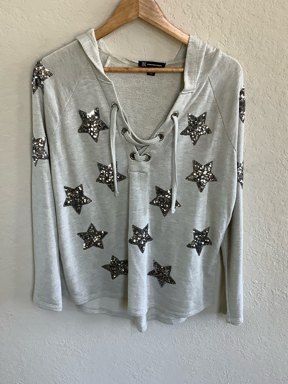 INC International Concepts Light Gray Sequined Star Lace-Up Hoodie